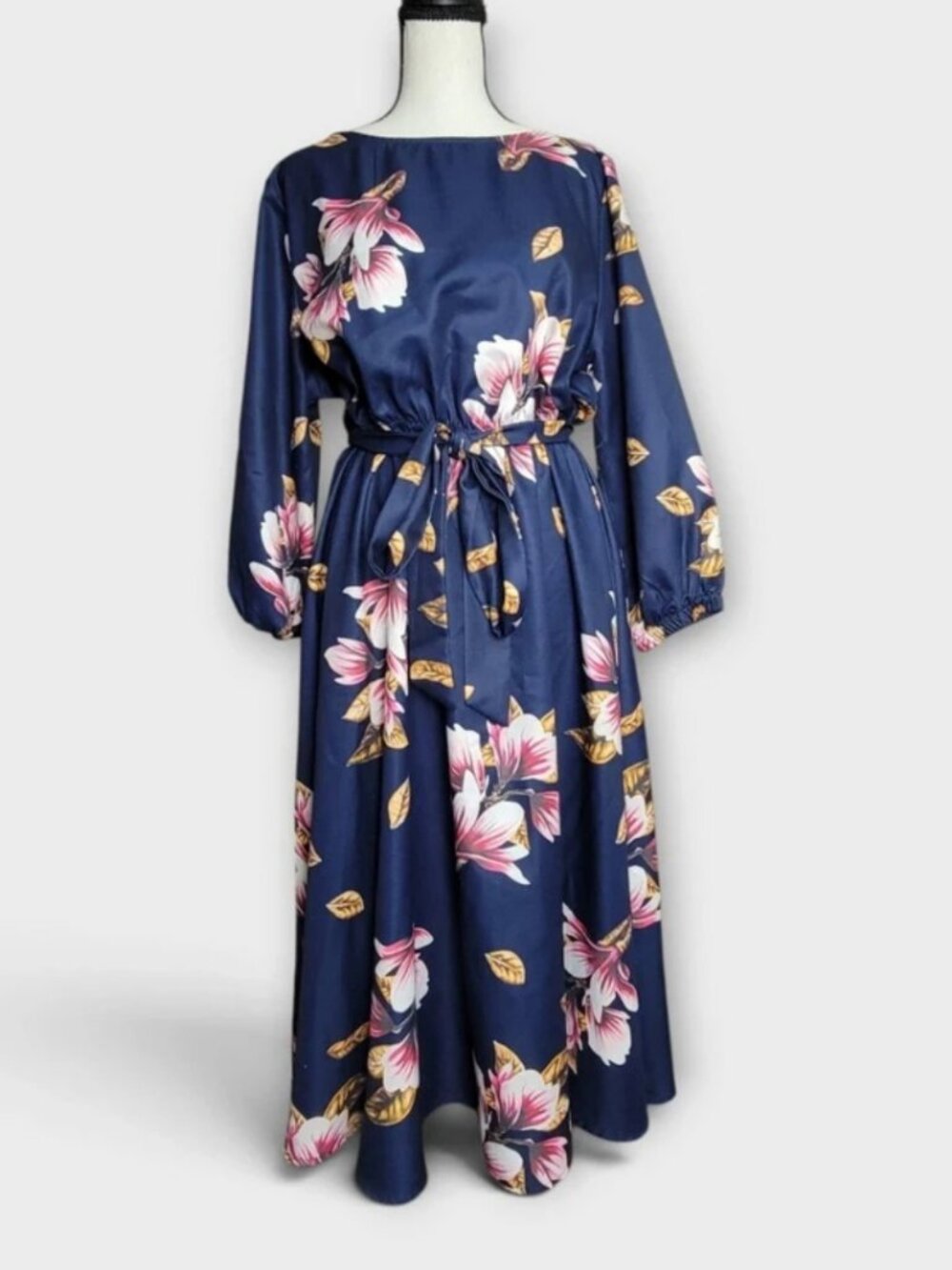 Floral Print Long Sleeve Boho Cottage Maxi Dress with Waist Tie - Size XL
